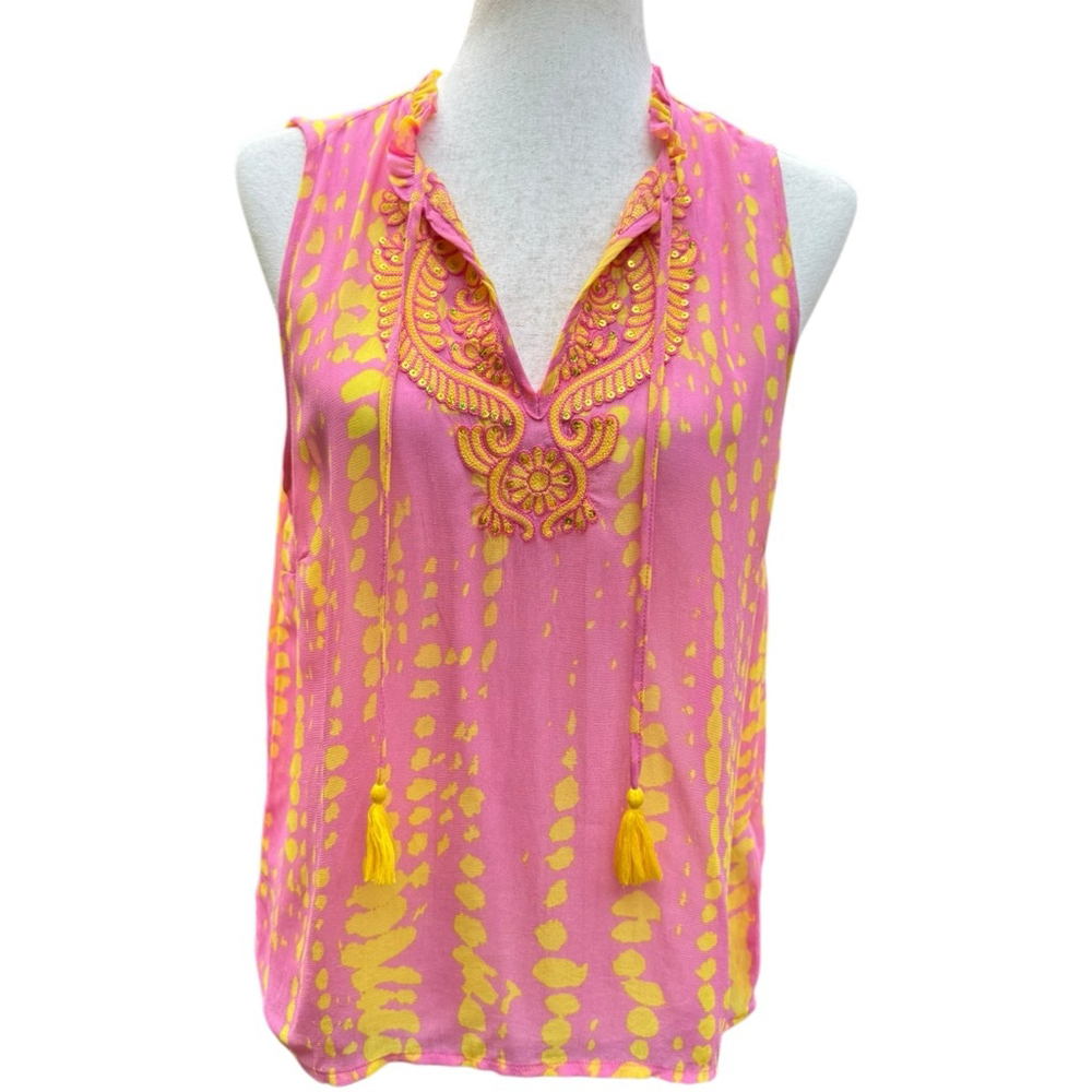 Vibrant Esqualo Boho Embroidered Tassel Top Shirt Yellow Sleeveless Festival 4 - Picture 10 of 10